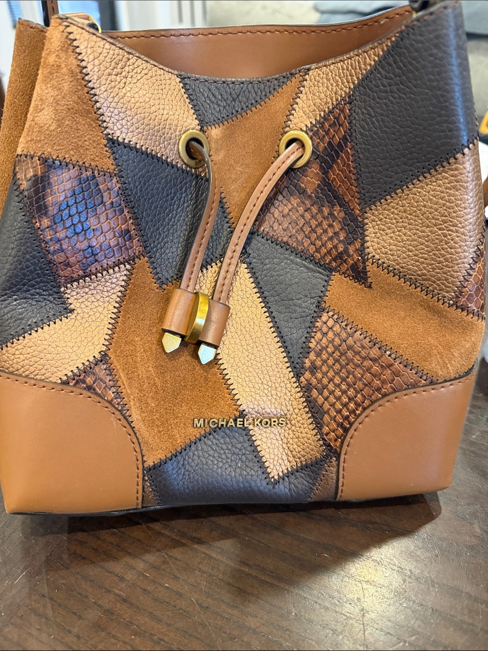 Michael Kors Patchwork Brown & Tan Leather Drawstring Bucket Bag